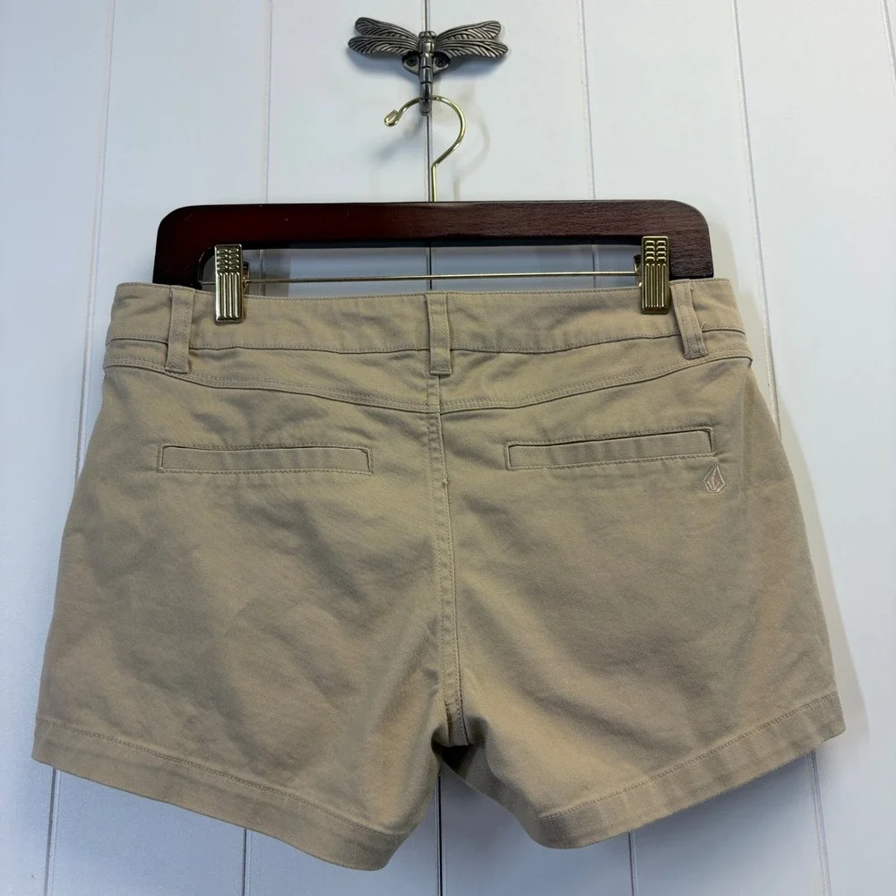 Volcom Y2K Micro Mini Chino Shorts Women Size 27 Khaki Skater Summer Minimalist - Picture 2 of 9